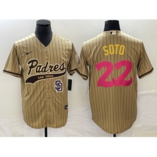 Men's San Diego Padres 22 Juan Soto Tan Pinstripe 2023 City Connect Cool Base Stitched Jersey