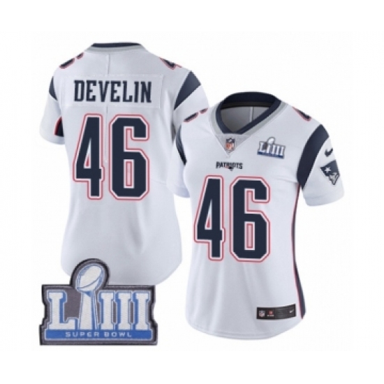 Women's Nike New England Patriots 46 James Develin White Vapor Untouchable Limited Player Super Bowl LIII Bound NFL Jersey