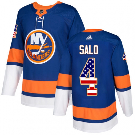 Men's Adidas New York Islanders 4 Robin Salo Authentic Royal Blue USA Flag Fashion NHL Jersey