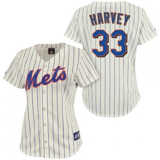 Women's Majestic New York Mets 33 Matt Harvey Authentic Cream/Blue Strip MLB Jersey