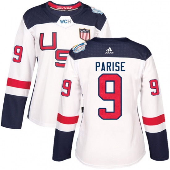 Women's Adidas Team USA 9 Zach Parise Premier White Home 2016 World Cup Hockey Jersey