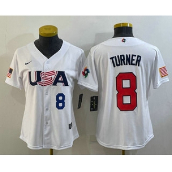 Women's USA Baseball 8 Trea Turner Number 2023 White World Classic Stitched Jersey