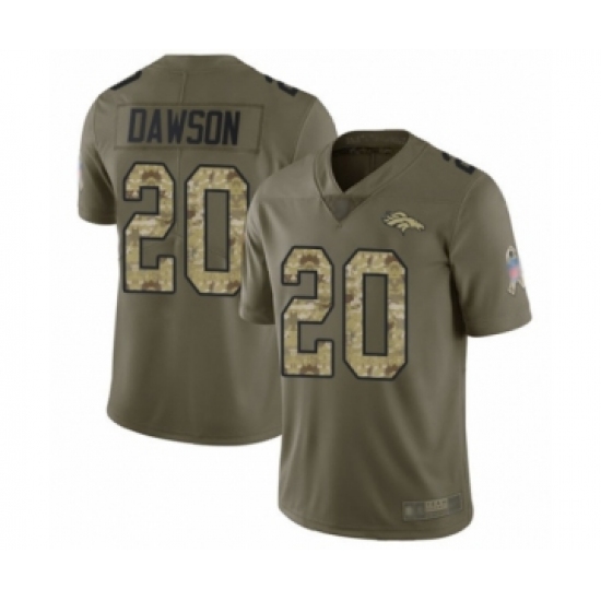 Men's Denver Broncos 20 Duke Dawson Limited Olive Camo 2017 Salute to Service Football Jersey