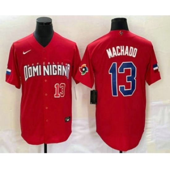 ens Dominican Republic Baseball 13 Manny Machado Number 2023 Red World Classic Stitched Jersey