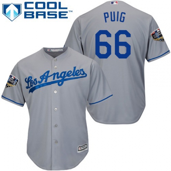 Youth Majestic Los Angeles Dodgers 66 Yasiel Puig Authentic Grey Road Cool Base 2018 World Series MLB Jersey