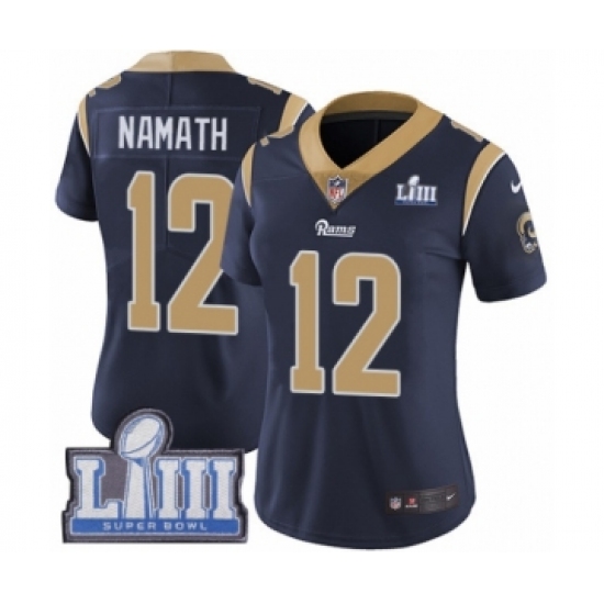Women's Nike Los Angeles Rams 12 Joe Namath Navy Blue Team Color Vapor Untouchable Limited Player Super Bowl LIII Bound NFL Jersey