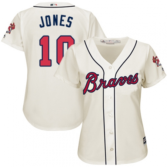 Women's Majestic Atlanta Braves 10 Chipper Jones Replica Cream Alternate 2 Cool Base MLB Jersey