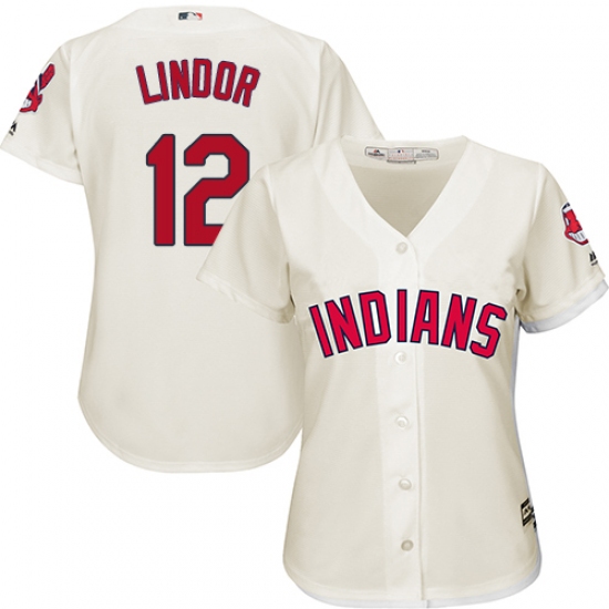 Women's Majestic Cleveland Indians 12 Francisco Lindor Replica Cream Alternate 2 Cool Base MLB Jersey