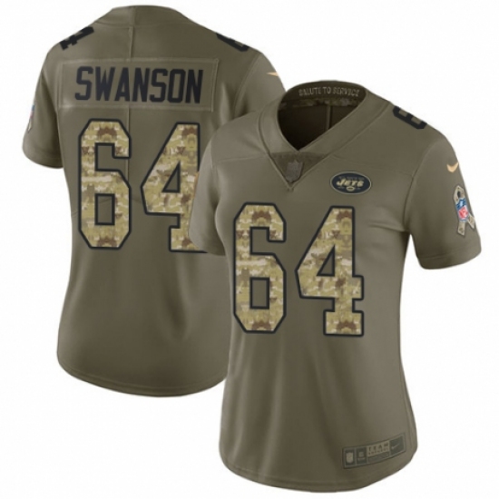 Women's Nike New York Jets 64 Travis Swanson Limited Olive/Camo 2017 Salute to Service NFL Jersey