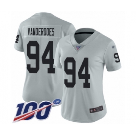 Women's Oakland Raiders 94 Eddie Vanderdoes Limited Silver Inverted Legend 100th Season Football Jersey