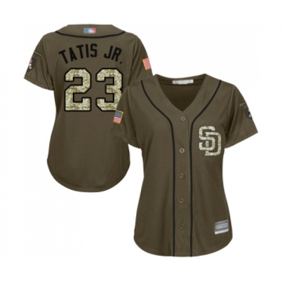 Women's San Diego Padres 23 Fernando Tatis Jr. Authentic Green Salute to Service Cool Base Baseball Jersey