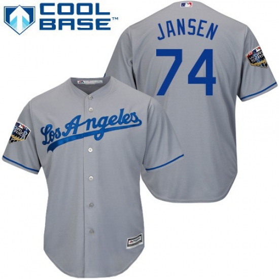 Youth Majestic Los Angeles Dodgers 74 Kenley Jansen Authentic Grey Road Cool Base 2018 World Series MLB Jersey