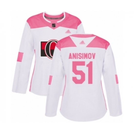 Women's Ottawa Senators 51 Artem Anisimov Authentic White Pink Fashion Hockey Jersey