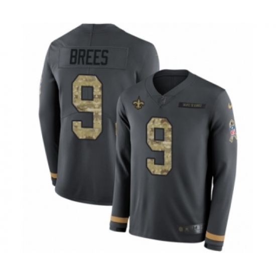 Youth Nike New Orleans Saints 9 Drew Brees Limited Black Salute to Service Therma Long Sleeve NFL Jersey