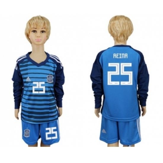 Spain 25 Reina Blue Long Sleeves Goalkeeper Kid Soccer Country Jersey