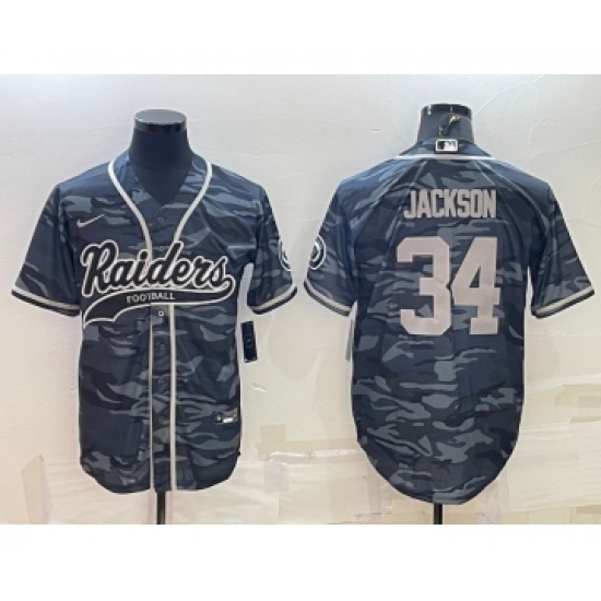 Men's Las Vegas Raiders 34 Bo Jackson Grey Camo With Patch Cool Base Stitched Baseball Jersey