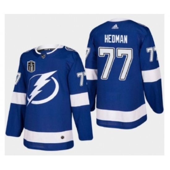 Men's Tampa Bay Lightning 77 Victor Hedman 2022 Blue Stanley Cup Final Patch Stitched Jersey