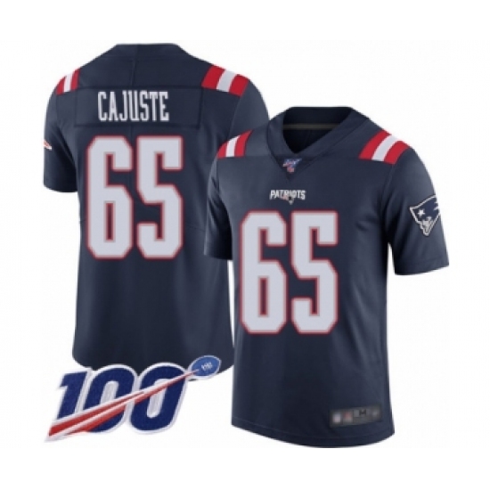 Youth New England Patriots 65 Yodny Cajuste Limited Navy Blue Rush Vapor Untouchable 100th Season Football Jersey