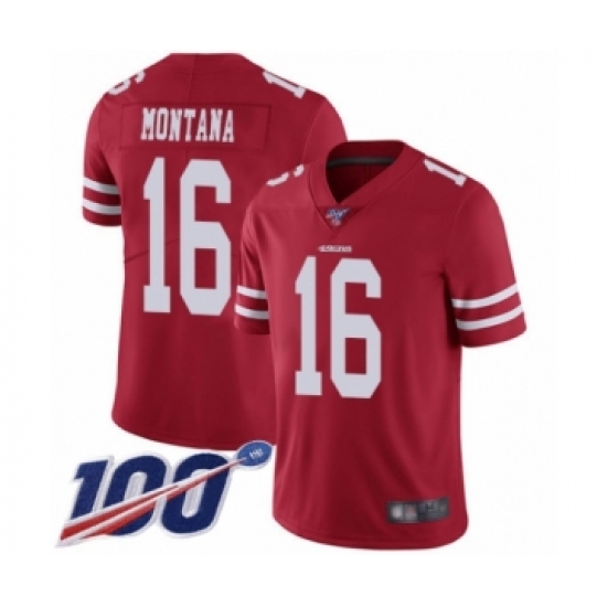 Men's San Francisco 49ers 16 Joe Montana Red Team Color Vapor Untouchable Limited Player 100th Season Football Jersey