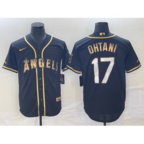 Men's Los Angeles Angels 17 Shohei Ohtani Black Gold Stitched MLB Cool Base Nike Jersey