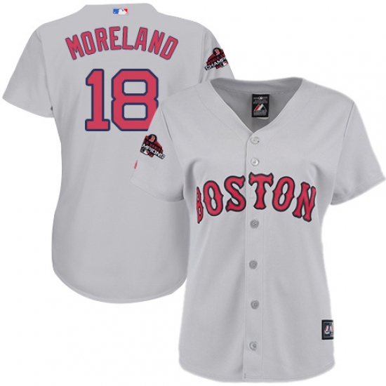 Women's Majestic Boston Red Sox 18 Mitch Moreland Authentic Grey Road 2018 World Series Champions MLB Jersey