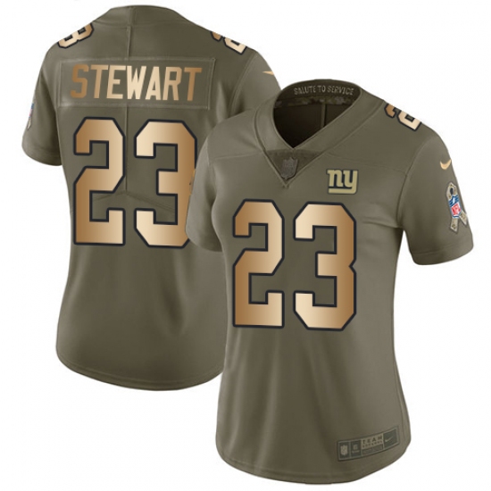 Women's Nike New York Giants 23 Jonathan Stewart Limited Olive Gold 2017 Salute to Service NFL Jersey