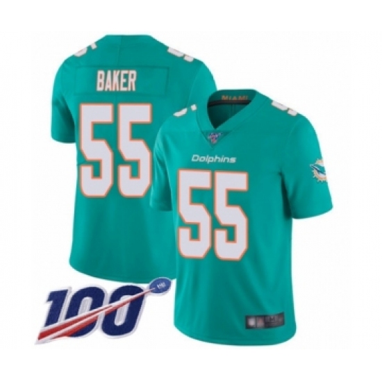 Men's Miami Dolphins 55 Jerome Baker Aqua Green Team Color Vapor Untouchable Limited Player 100th Season Football Jersey