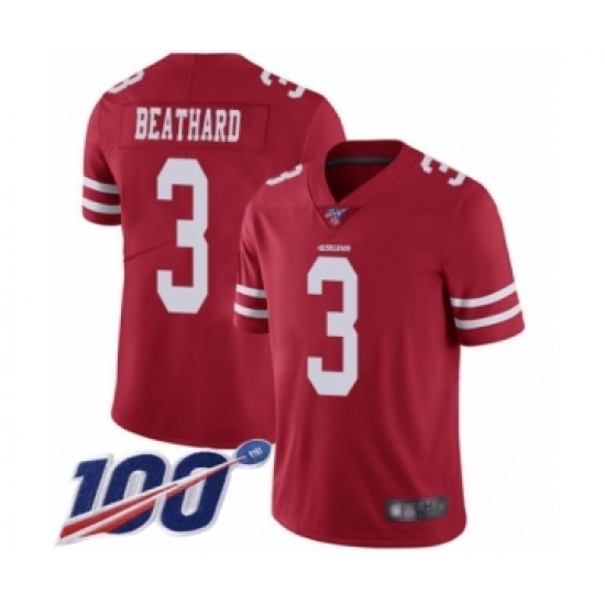 Men's San Francisco 49ers 3 C. J. Beathard Red Team Color Vapor Untouchable Limited Player 100th Season Football Jersey