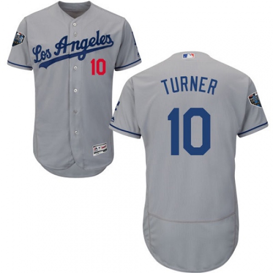 Men's Majestic Los Angeles Dodgers 10 Justin Turner Grey Road Flex Base Authentic Collection 2018 World Series MLB Jersey