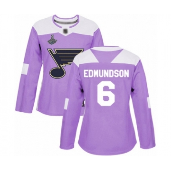 Women's St. Louis Blues 6 Joel Edmundson Authentic Purple Fights Cancer Practice 2019 Stanley Cup Champions Hockey Jersey
