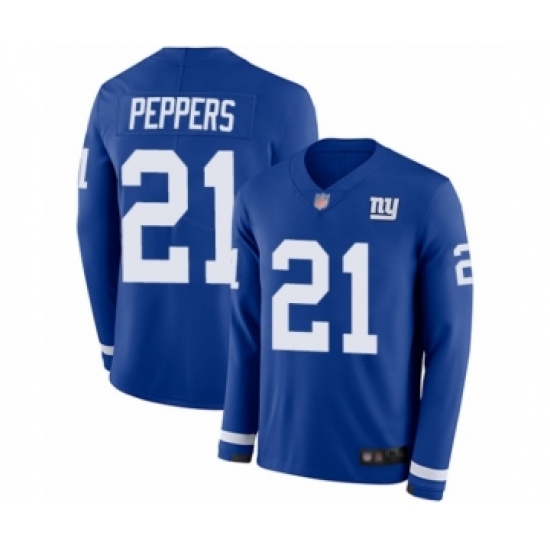 Men's New York Giants 21 Jabrill Peppers Limited Royal Blue Therma Long Sleeve Football Jersey