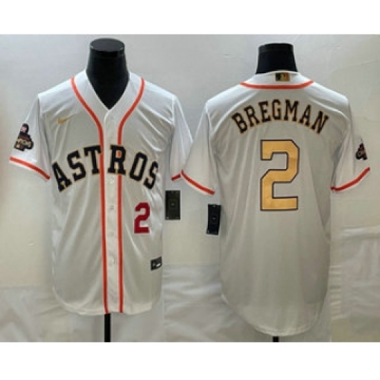 Men's Houston Astros 2 Alex Bregman Number 2023 White Gold World Serise Champions Cool Base Stitched Jerseys