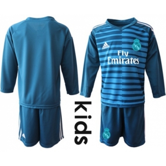 Real Madrid Blank Blue Goalkeeper Long Sleeves Kid Soccer Club Jersey