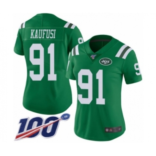 Women's New York Jets 91 Bronson Kaufusi Limited Green Rush Vapor Untouchable 100th Season Football Jersey