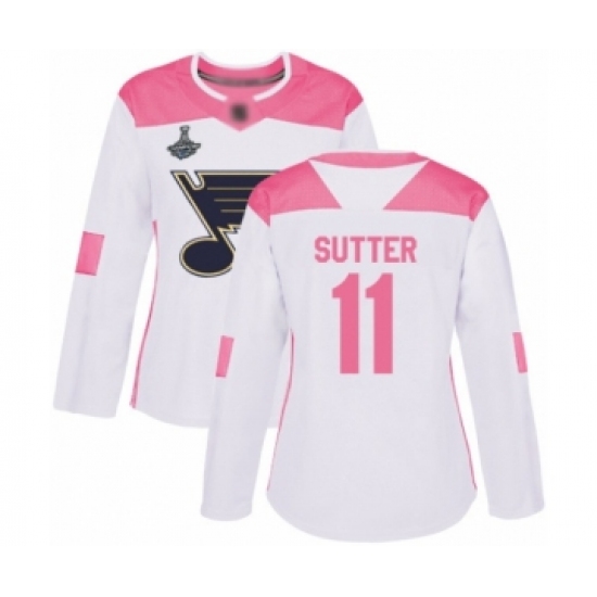 Women's St. Louis Blues 11 Brian Sutter Authentic White Pink Fashion 2019 Stanley Cup Champions Hockey Jersey