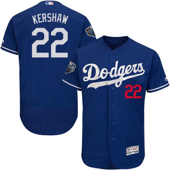 Men's Majestic Los Angeles Dodgers 22 Clayton Kershaw Royal Blue Flexbase Authentic Collection 2018 World Series MLB Jersey