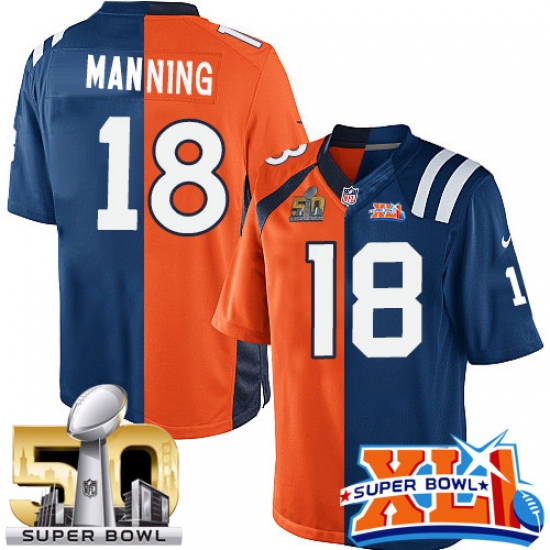 Men's Nike Denver Broncos 18 Peyton Manning Limited Orange/Royal Blue Split Fashion Super Bowl L & Super Bowl XLI NFL Jersey