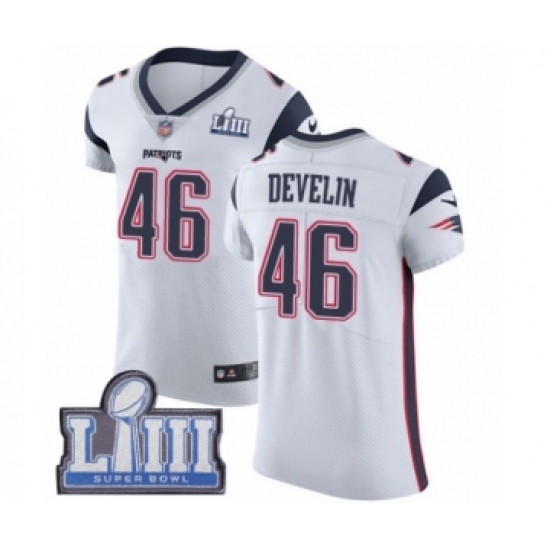 Men's Nike New England Patriots 46 James Develin White Vapor Untouchable Elite Player Super Bowl LIII Bound NFL Jersey