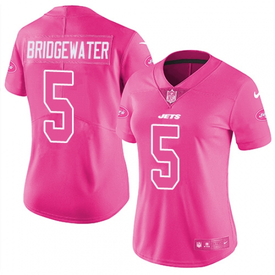Women's Nike New York Jets 5 Teddy Bridgewater Limited Pink Rush Fashion NFL Jersey