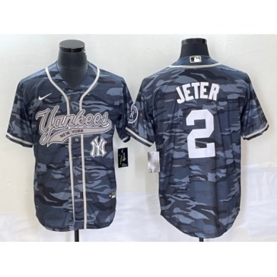 Men's New York Yankees 2 Derek Jeter Grey Camo Cool Base Stitched Baseball Jersey1