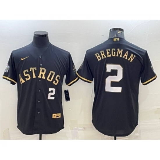 Men's Houston Astros 2 Alex Bregman Number Black Gold 2022 World Series Stitched Baseball Jersey