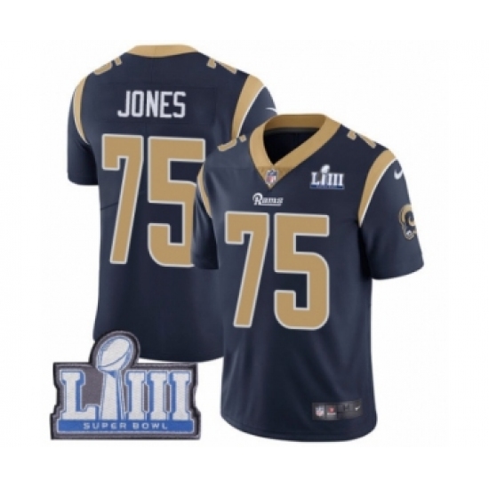 Men's Nike Los Angeles Rams 75 Deacon Jones Navy Blue Team Color Vapor Untouchable Limited Player Super Bowl LIII Bound NFL Jersey