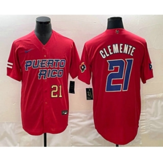 Mens Puerto Rico Baseball 21 Roberto Clemente Number 2023 Red World Classic Stitched Jersey