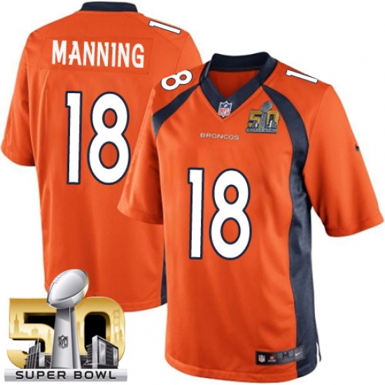 Youth Nike Denver Broncos 18 Peyton Manning Elite Orange Team Color Super Bowl 50 Bound NFL Jersey
