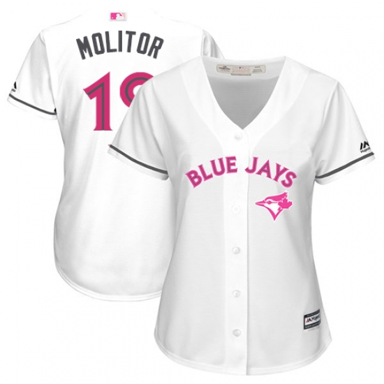 Women's Majestic Toronto Blue Jays 19 Paul Molitor Authentic White Mother's Day Cool Base MLB Jersey