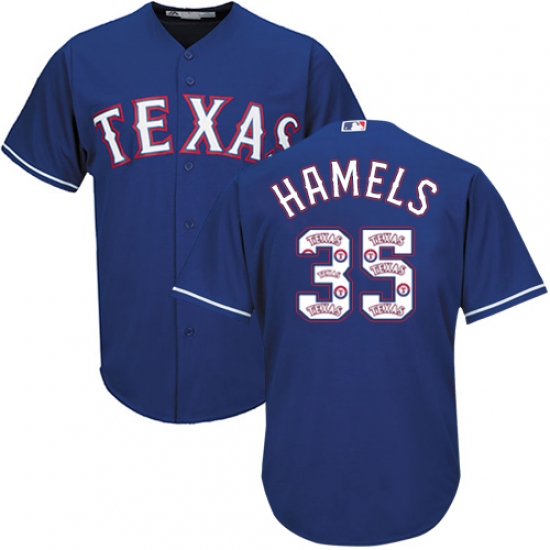 Men's Majestic Texas Rangers 35 Cole Hamels Authentic Royal Blue Team Logo Fashion Cool Base MLB Jersey