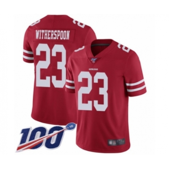 Men's San Francisco 49ers 23 Ahkello Witherspoon Red Team Color Vapor Untouchable Limited Player 100th Season Football Jersey