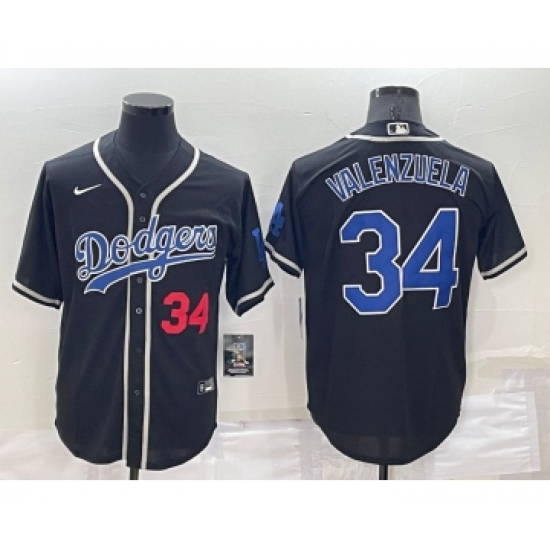 Men's Los Angeles Dodgers 34 Fernando Valenzuela Black Blue Name Stitched MLB Cool Base Nike Jersey