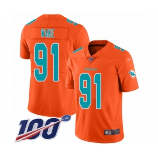 Men's Miami Dolphins 91 Cameron Wake Limited Orange Inverted Legend 100th Season Football Jersey