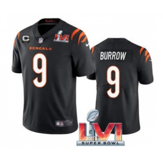 Men's Cincinnati Bengals 9 Joe Burrow 2022 Black With C Patch Super Bowl LVI Vapor Limited Stitched Jersey
